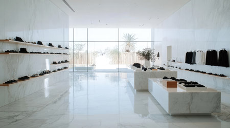 Minimalistic Fashion Boutique Interior with Elegant Displays in Modern Setting Featuring White Marble, Natural Light and Contemporary Design Elementsの素材
