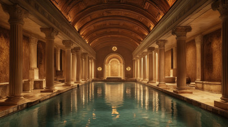 Serene Architectural Interior of a Luxurious Swimming Pool Surrounded by Elegant Columns and Soft Golden Lighting in an Ancient Roman Style Settingの素材