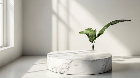Elegant Minimalist Interior with Round Marble Table and Tropical Leaf in Bright Sunlit Roomの素材