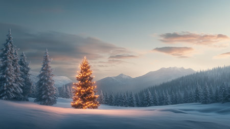 Serene Winter Landscape with Christmas Tree Surrounded by Snow-Covered Pines and Majestic Mountains at Dusk in a Tranquil Atmosphereの素材