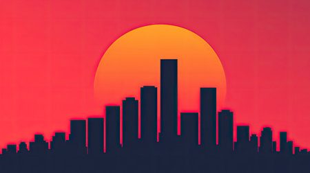 A vibrant sunset silhouetting a city skyline, featuring tall buildings against a gradient sky of orange and pink hues.の素材