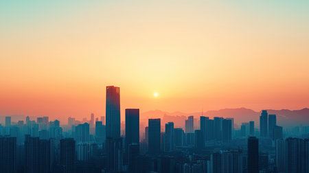 A stunning sunset skyline with silhouettes of skyscrapers against a vibrant gradient sky, creating a serene urban atmosphere.の素材