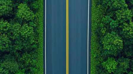 Aerial view of a straight road surrounded by lush greenery, showcasing a peaceful and scenic landscape ideal for travel and exploration.の素材