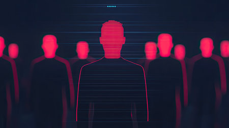A digital representation of stylized figures, with a central silhouette standing out in vibrant red against a dark background, conveying themes of identity and anonymity.の素材