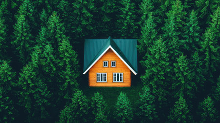 A cozy orange cabin nestled in a dense green forest, showcasing a tranquil and picturesque natural setting.の素材
