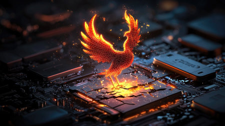 A fiery phoenix rises from a circuit board, symbolizing rebirth and innovation in technology.の素材