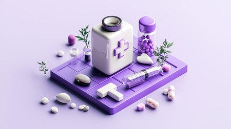 A stylized arrangement of medical items including a pill bottle, medicine, and decorative elements on a purple background.の素材
