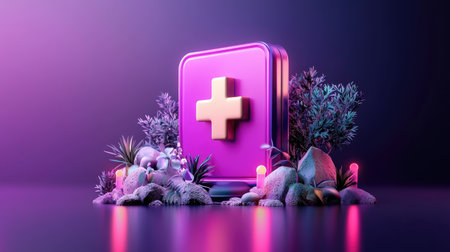 A vibrant purple medical icon surrounded by lush plants, symbolizing health and wellness in a modern, artistic setting.の素材