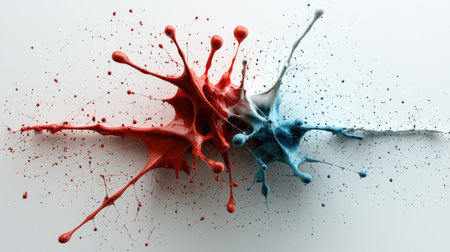 Bright splashes of red and blue paint create a dynamic, artistic display against a white background, showcasing creativity and energy.の素材