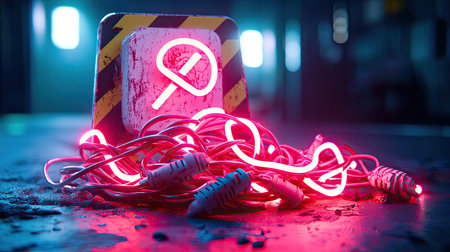 A glowing neon hazard sign surrounded by tangled wires, set in a dim environment, creating an ominous atmosphere.の素材