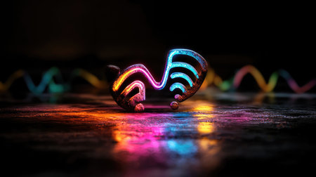 A vibrant, colorful depiction of a musical note illuminated by dynamic light, reflecting on a surface, creating an artistic atmosphere.の素材