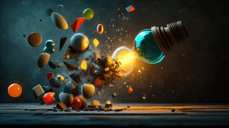 A vibrant explosion of colorful shapes and glowing light, depicting creativity and energy in a dynamic, abstract scene.の素材