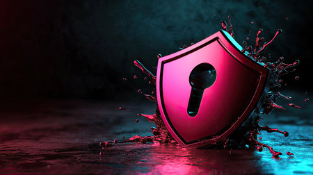 A vibrant, stylized shield with a keyhole, surrounded by colorful splashes, symbolizing security and protection.の素材