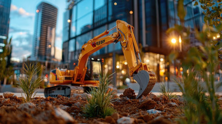 A miniature excavator works in a landscaped area near modern buildings, showcasing urban construction and greenery.の素材