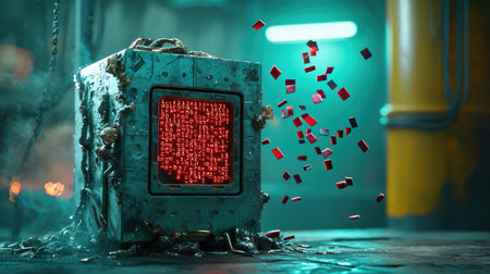 A futuristic, glowing cube releases a cascade of red gems, set against an industrial backdrop, creating a sci-fi atmosphere.の素材