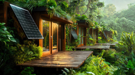 A serene eco-lodge surrounded by lush greenery, featuring wooden structures and solar panels, harmonizing with the tranquil jungle environment.の素材
