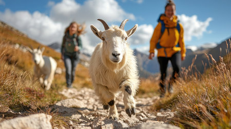 A playful goat runs along a scenic hiking trail as two people enjoy their outdoor adventure in a picturesque landscape.の素材