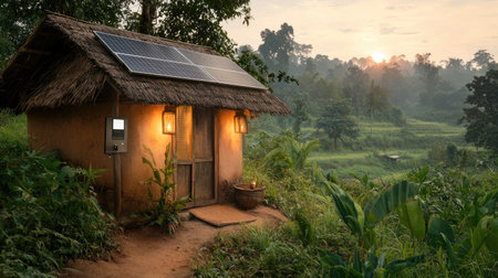 A quaint eco-friendly cabin surrounded by lush greenery, featuring solar panels and lanterns, offers a serene escape into nature at sunrise.の素材