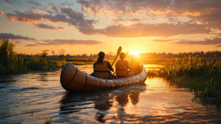 A serene sunset view of two individuals canoeing on a tranquil river, surrounded by lush greenery and vibrant clouds.の素材