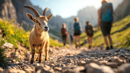 A young goat stands on a rocky trail while hikers pass by, surrounded by lush greenery and majestic mountains in the background.の素材