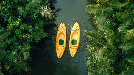 Two yellow kayaks float serenely in a lush green waterway, surrounded by dense foliage, creating a peaceful nature scene.の素材