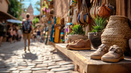 A vibrant marketplace featuring handcrafted shoes, woven baskets, and colorful decorations, with a person walking down a cobbled street in the background.の素材
