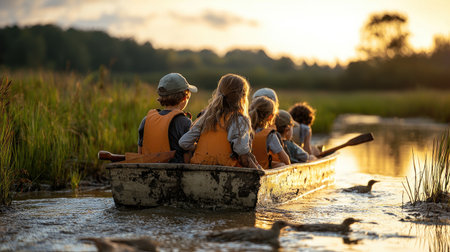 A group of children paddles a small boat on a tranquil waterway, enjoying nature during sunset, surrounded by lush greenery.の素材