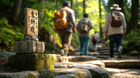 A serene forest trail with hikers ascending stone steps, illuminated by sunlight filtering through lush greenery, and a marker indicating their path.の素材