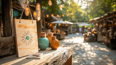 A sun-themed sign and decorative pottery sit on a rustic table, surrounded by a vibrant market filled with stalls and lush greenery.の素材