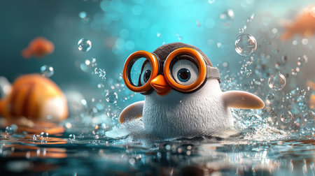 A cute penguin wearing glasses swims playfully in water, surrounded by bubbles and small fish, creating a joyful underwater scene.の素材