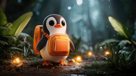 A cute, cartoon penguin with an orange backpack stands in a lush, dimly lit forest, surrounded by glowing lights.の素材