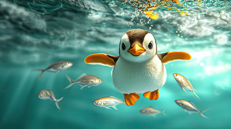 A lively penguin swims underwater, surrounded by fish in a vibrant aquatic scene, showcasing its playful nature.の素材