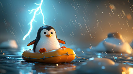 A cute penguin floats on an orange raft amidst a stormy sea, with rain and lightning creating a dramatic atmosphere.の素材