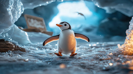 A charming penguin stands in a snowy cave, surrounded by ice and soft glowing lights, creating a whimsical winter scene.の素材