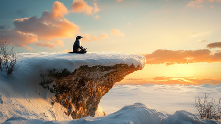 A serene penguin meditates on a snowy cliff at sunset, surrounded by a vast icy landscape and colorful clouds, evoking peace and tranquility.の素材