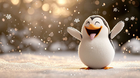 A cheerful penguin dances joyfully in a snowy landscape, surrounded by gentle snowfall, radiating happiness and warmth.の素材