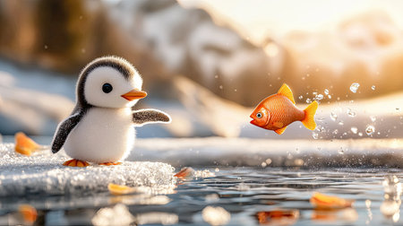 A cute penguin stands on ice, playfully interacting with a jumping goldfish in a serene, sunlit winter landscape.の素材
