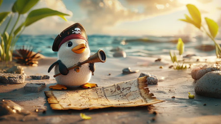 A pirate penguin holds a telescope, standing by the shore near a treasure map, surrounded by gentle waves and lush greenery.の素材