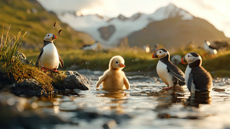 A charming scene of puffins by a rocky shore, featuring a fluffy chick in a serene setting with mountains in the background.の素材