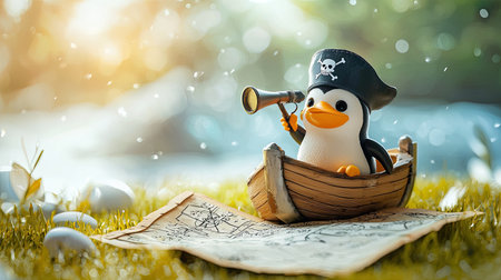 A cute penguin pirate sails a miniature boat on a grassy landscape, holding a spyglass, evoking adventure and whimsy in a serene setting.の素材