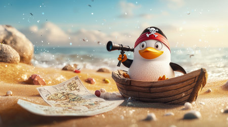 A charming cartoon penguin dressed as a pirate sits in a small boat on a sandy beach, holding a telescope, with a treasure map beside it.の素材