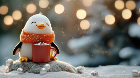 A cheerful penguin holds a mug, surrounded by snowflakes and festive lights, evoking a cozy winter ambiance.の素材