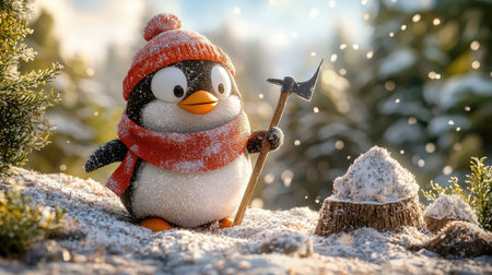A cheerful penguin wearing a red scarf and hat stands in a snowy landscape, holding a small tool, surrounded by a wintry scene.の素材