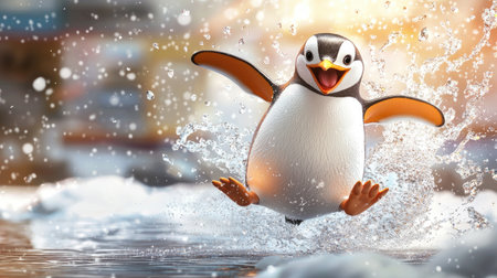 A joyful penguin splashes through the water, showcasing its playful spirit against a shimmering, colorful backdrop.の素材
