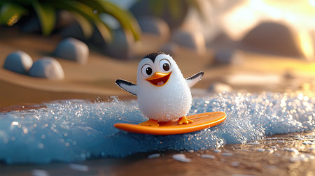 A cheerful penguin surfing on a pastel wave, enjoying a sunny beach scene filled with rocks and greenery.の素材