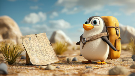 A cute cartoon penguin with a backpack stands beside a note in a desert landscape with rocks and sparse vegetation.の素材