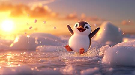 A cheerful penguin plays in the water, surrounded by ice, against a vibrant sunset backdrop.の素材