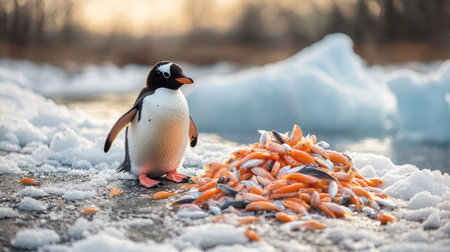 A penguin stands on icy ground near a pile of fish, showcasing a serene Arctic scene.の素材