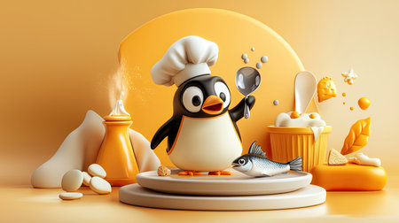 A cheerful penguin chef holds a spoon, surrounded by ingredients and toppings, set against a playful yellow backdrop.の素材