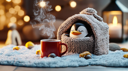 A cozy penguin peeks out from a knitted nest, beside a steaming cup of coffee, set in a festive, warm atmosphere.の素材